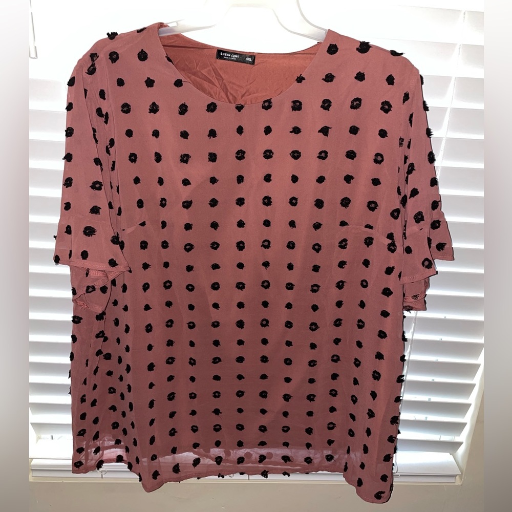 SHEIN Plus Flounce Sleeve Contrast Swiss Dot Chiffon Top